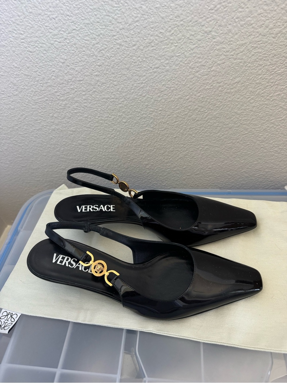Versace Black Patent Leather Slingback Mules with Gold Medusa Accent